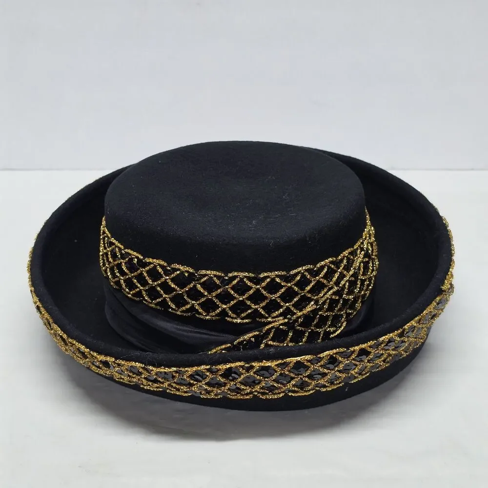 Vintage Doeskin Bollman Bolero Hat Black Wool Felt Sequins And Gold Accent USA